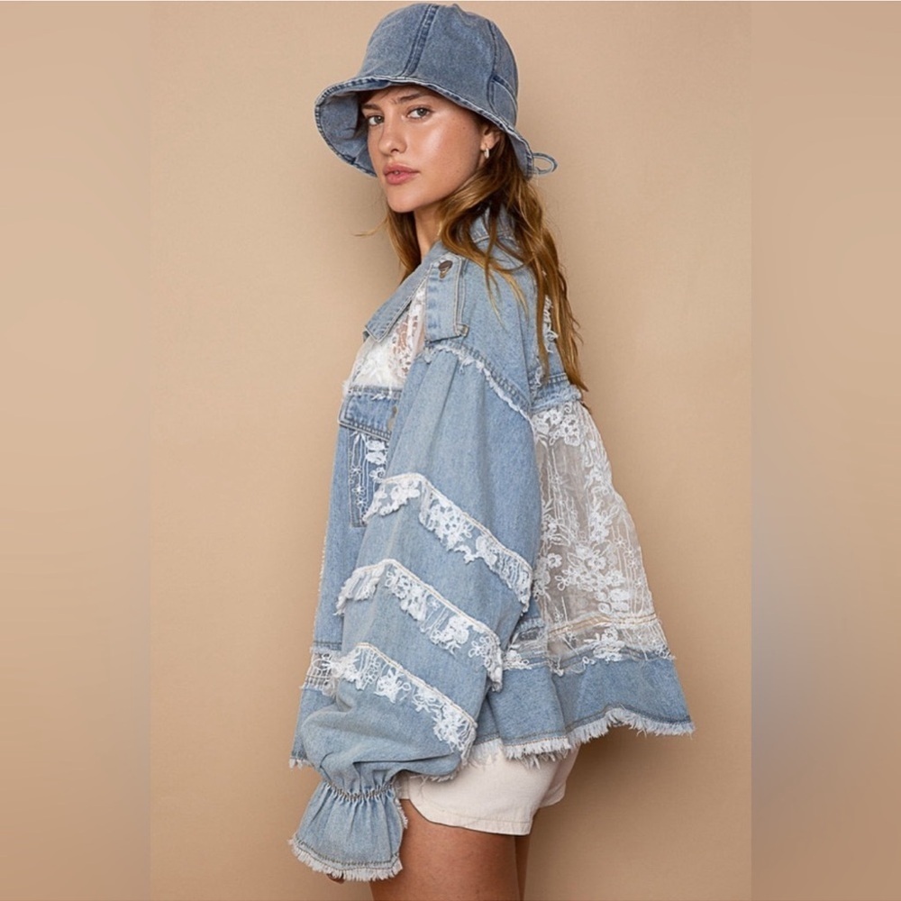 NWOT POL Lace Ruffle Trim Denim Shacket Size Small - Picture 3 of 16